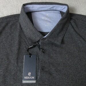 VEBOON Mens Polo Shirt Cotton Flex Luxe Black Heather Long Sleeve Size 2XL
